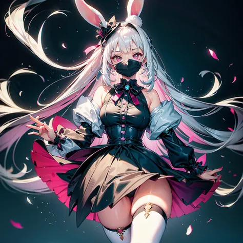 Focus on the face、Handsome face、Dynamic configuration、((Perspective Lens, Woman with long milky white hair,  Dynamic pose with a calm expression, Holding something large with both hands, Stuffed rabbit )) ((純粋な黒色のbackground:1.2)),Anime Style、detailedな目、Ear...