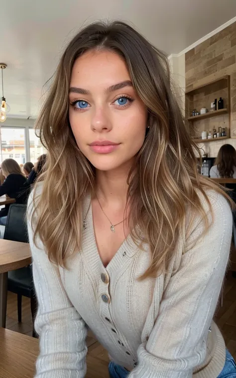 belle brune aux reflets blonds portant un pull beige (in a cafe drinking detailed sodery, 22 ans, visage innocent, natural wavy ...