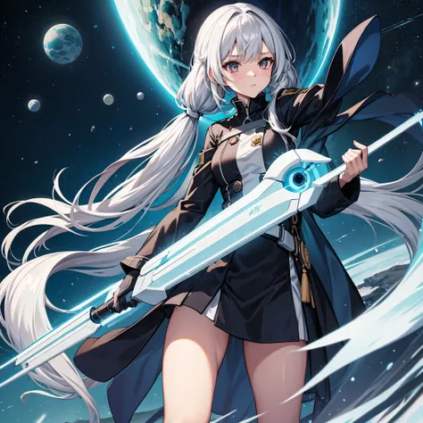 space battleship bridge、uniform based on white、black tights, silver hair, twintails, very long hair, upturned eyes, anime, cowbo...