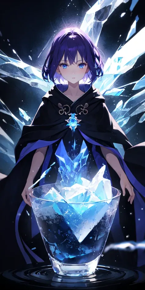 One woman, Purple Hair, blue eyes,Water and Ice Witch,  Particles of light, light, wallpaper, High Contrast, colorful,Black and indigo robes