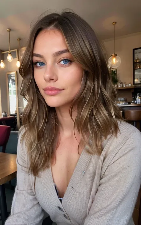 belle brune aux reflets blonds portant un pull beige (in a cafe drinking detailed sodery, 22 ans, visage innocent, natural wavy ...