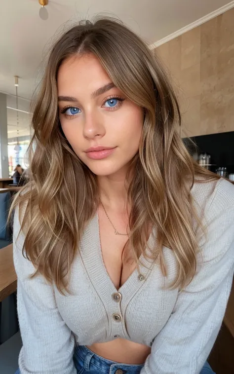 belle brune aux reflets blonds portant un pull beige (in a cafe drinking detailed sodery, 22 ans, visage innocent, natural wavy ...