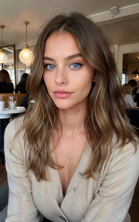 belle brune aux reflets blonds portant un pull beige (in a cafe drinking detailed sodery, 22 ans, visage innocent, natural wavy ...