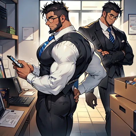 Men only, office building of a major company, in a glass-walled office, presentation, holding a smartphone in hand, employee card hanging from the neck, employee ID card on chest, office worker, businessman, glasses with black under-rim, business suit, tig...