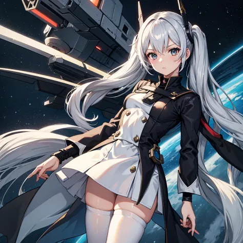 space battleship bridge、uniform based on white、((black tights)), silver hair, twintails, very long hair, upturned eyes, anime, c...