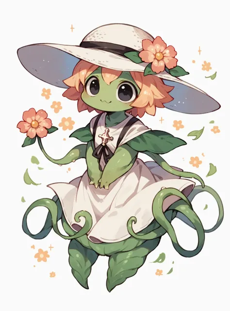 (Cute flower monster:1.5), (sun hat Cestrum nocturnum in her head:1.2), big eyes, full black eyes, cleric outfit