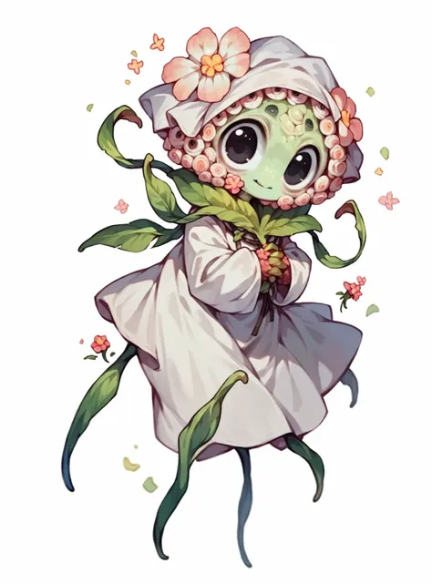 (Cute flower monster:1.5), (Cestrum nocturnum in her head:1.2), big eyes, full black eyes, cleric outfit