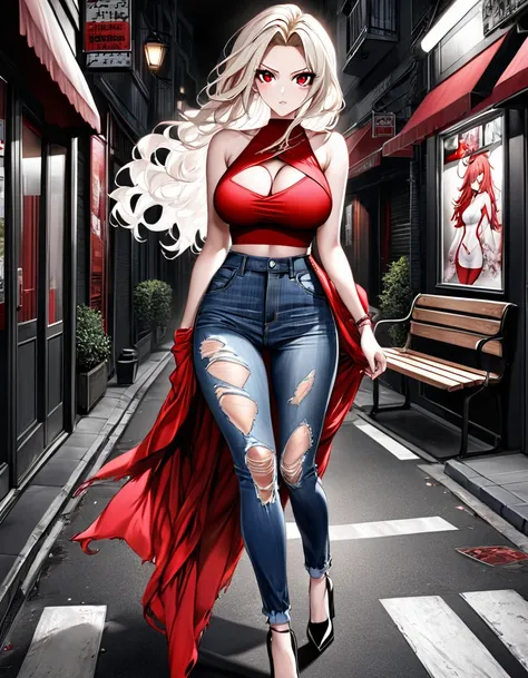 photo realism anime style Yusuke murada art Phoenix goddess alucard in fusion sarada fitness sexy big tits with cropped wavy hair v-cut dress v-cut ripped jeans wearing high heels walking on a dark dark street scared style photo realism, fully detailed dra...