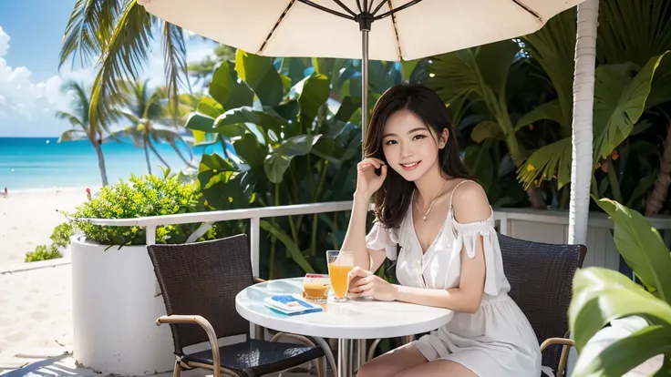 Woman at a cafe on the beach、front、Portrait、Parasols on the open terrace１t、Palm tree１t、Tropical drinks on the table、Summery white clothes、(Photorealistic:1.5)、High image quality like that of a single-lens reflex camera、Highest quality、Ultra-high resolution...