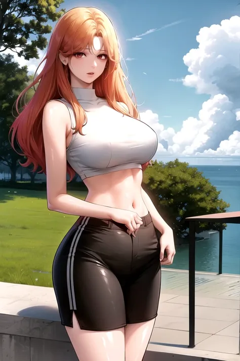 red ,hair,red eyes,(high quality eyes),masterpiece, best quality, high quality, highres, outdoors, looking at viewer, white shir...