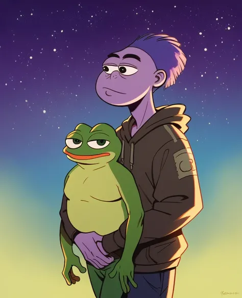 portrait of purple pepe the frog with purple skin,, wearing a hooded sweatshirt, standing in a starry night sky background, (((pepe_frog))),,detailed portrait, (best quality,8k,highres,masterpiece:1.2),ultra-detailed,digital painting,vibrant colors,dramati...