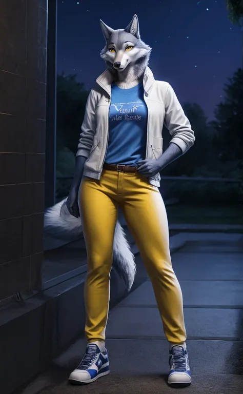 Porsha is a tall Arctic-gray wolf with yellow eyes and bluish-grey and white fur. She wears purple sunglasses, a dark blue jacket with multicolored accents, yellow trousers, grey and white sneakers, and a blue vintage t-shirt, anthro wolf, female, adult, b...