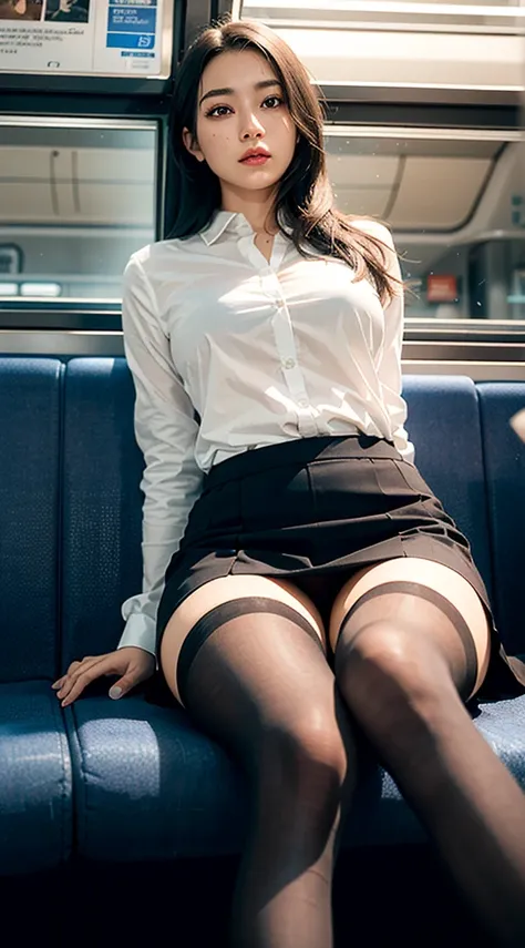 "(masterpiece, High resolution, Ultra High resolution, 4K) Black Hair, 14 year old Japanese girl, Uniform skirt, Accentuate your thighs, White thighs, Soft thighs, Glossy thighs, (Ultra-realistic pantyhose), Sitting on a train, Facing angle, (Angle from be...