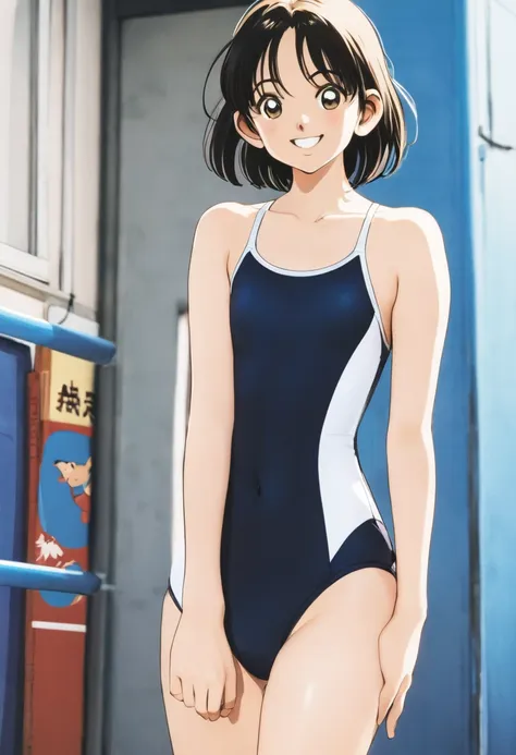 school swimsuit、looking into the camera, smile、upright