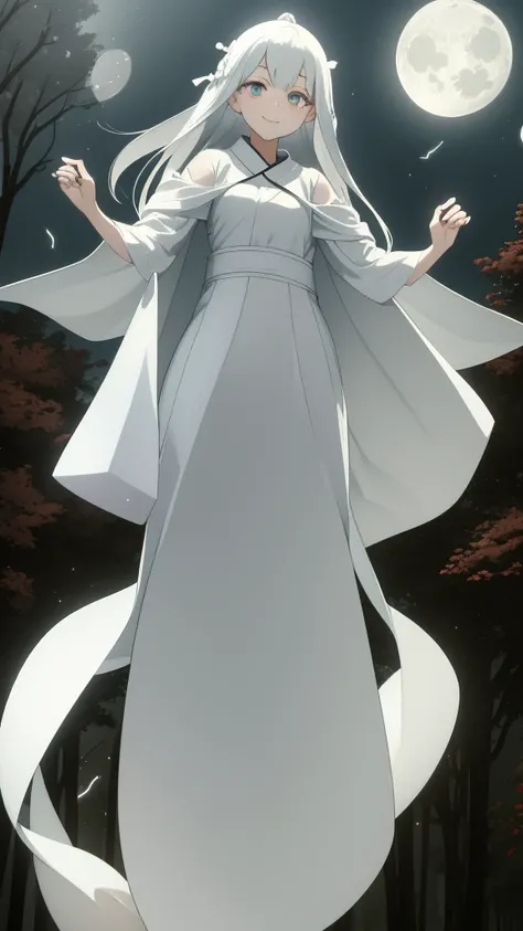 1girl, ghost girl, silver hair, white eyes, white skin, smile, long hair, flies, levitates in the air, white sheet, white cape, ghost, ghostly, translucent, holds a lantern, japanese lantern,  night, the moon, objects are flying