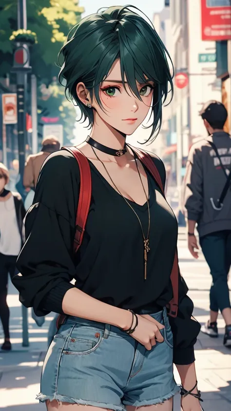 1 female, tamaki, green short hair, hair between eyes, street fashion,