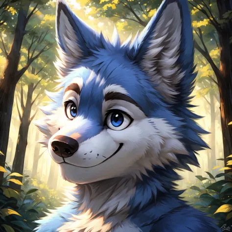 a anthropomorphic blue colored fur wolf, closed smile, headshot, high quality furry art, cute, forest background.