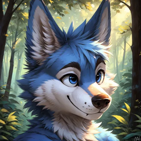 a anthropomorphic blue colored fur wolf, closed smile, headshot, high quality furry art, cute, forest background.