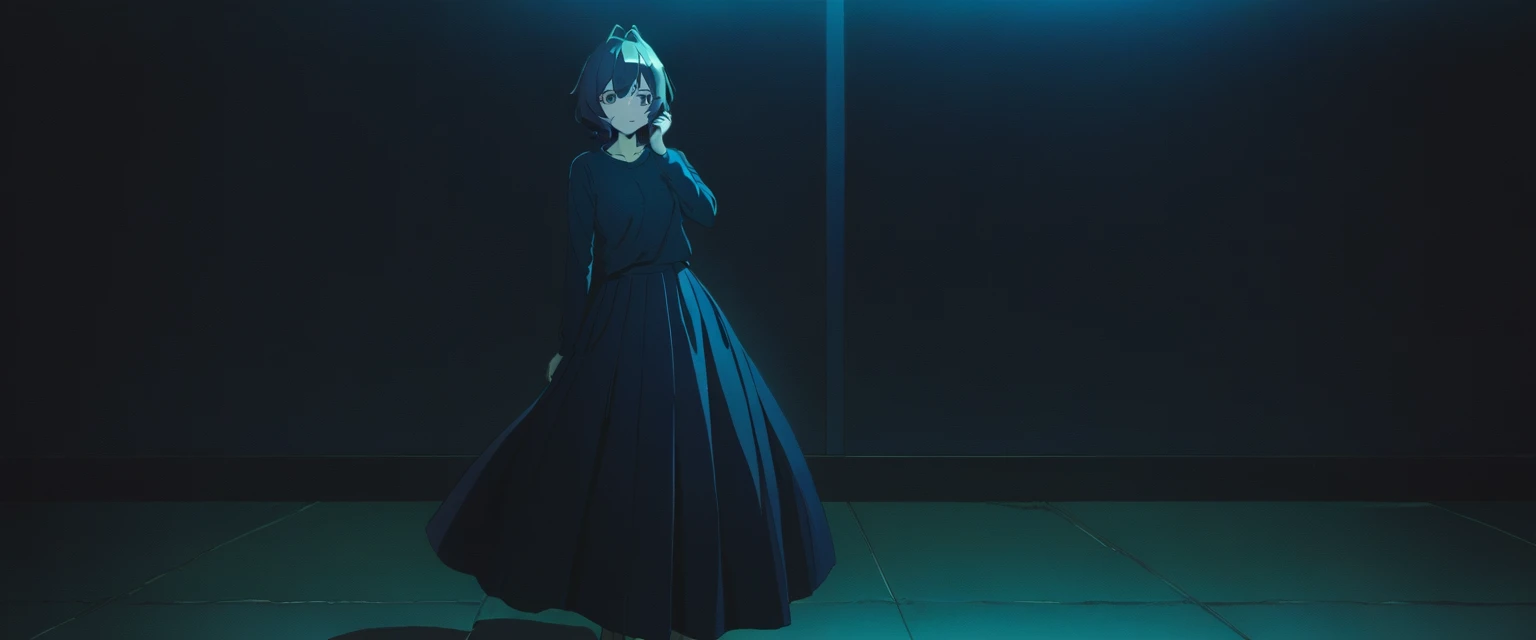 One girl, alone, Utena, Long skirt without pleats, Black Shirt, Blue jacket, outside, night  