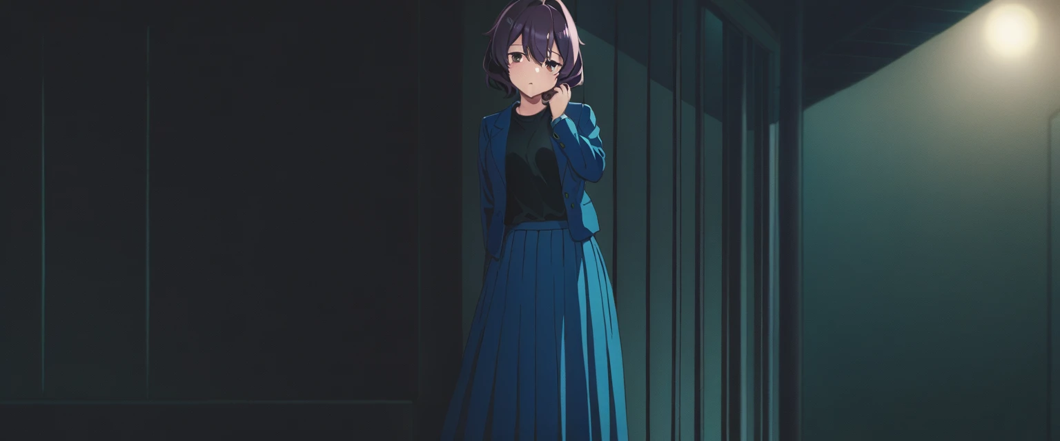 One girl, alone, Utena, Long skirt without pleats, Black Shirt, Blue jacket, outside, night  