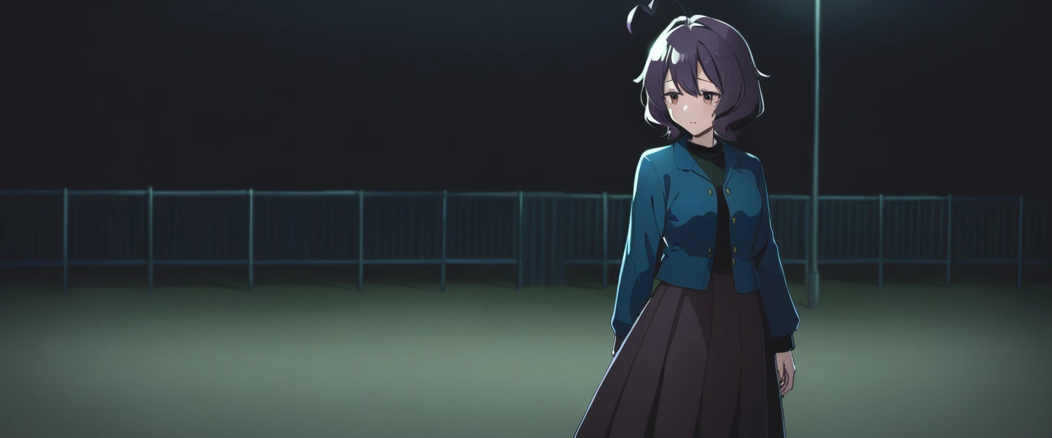 One girl, alone, Utena, Long skirt without pleats, Black Shirt, Blue jacket, outside, night  