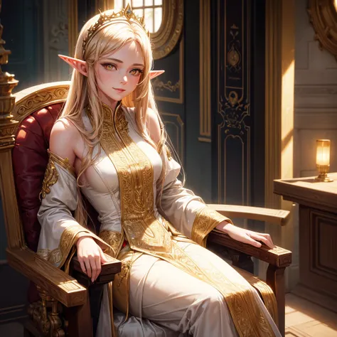 a woman in her thirties, 1girl, elf, long golden hair, small breasts, long pointed ears, yellow eyes!!!, smiling face, white sexy dress, crown on the head, sitting on a throne, manor, very sexy body, detailed face, beautiful detailed eyes, beautiful detail...