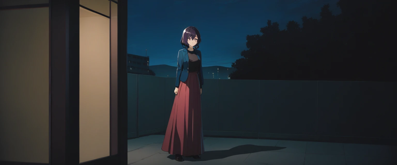 One girl, alone, Utena, Long skirt without pleats, Black Shirt, Blue jacket, outside, night  