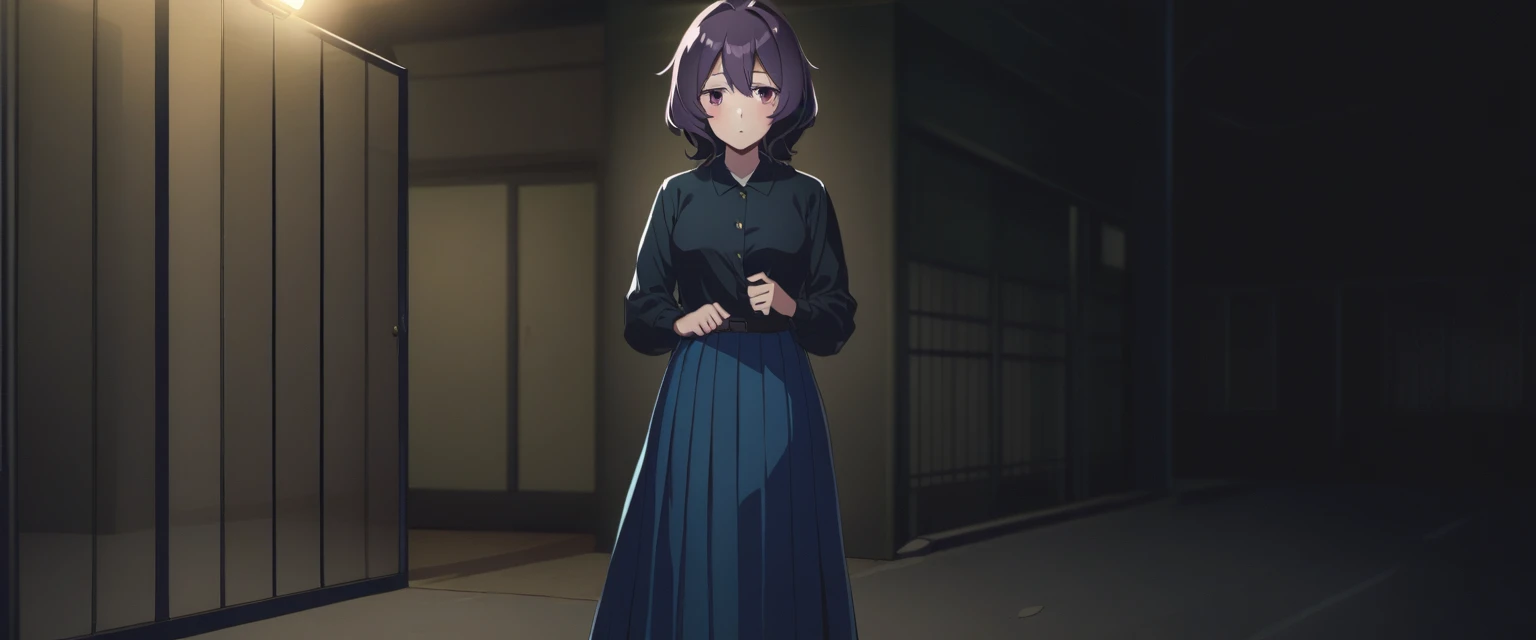 One girl, alone, Utena, Long skirt without pleats, Black Shirt, Blue jacket, outside, night  