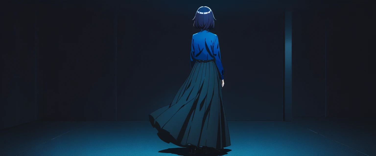 One girl, alone, Utena, Long skirt without pleats, Black Shirt, Blue jacket, outside, night  