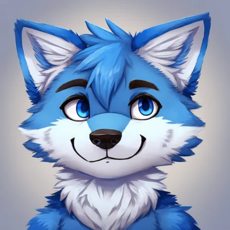 headshot of a cute and anthropomorphic blue colored fur wolf, closed smile, he has red and blue eyes, headshot, high quality fur...