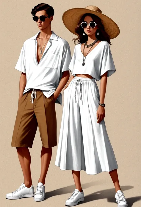 candid fashion illustration of young man and woman, both aged 20 year old, ((showcase fashion in a White cotton-rayon outfits)), inspired by Christian Diors resort collection in elegant bohemian style. The man wears an oversized short-sleeved white shirt, ...