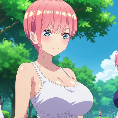 score_6_up, best quality, anime screencap, (nakano ichika, pink hair, short hair), standing, outdoor, big breasts, smile