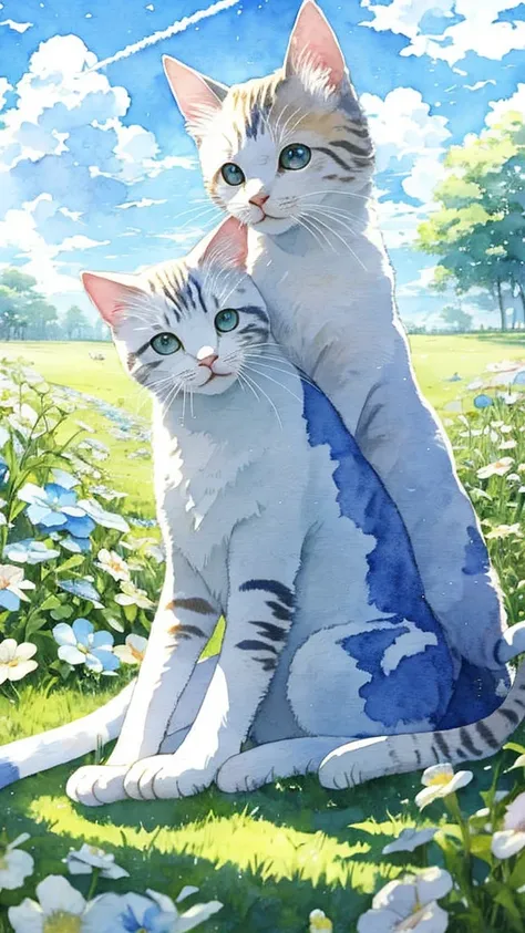 watercolor、cat、cumulonimbus、blue sky、contrail、morning、summer、youth、cat一匹、love、beautiful、high resolution、cute、grass、