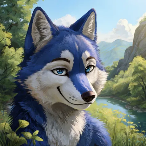 a cute and anthropomorphic blue colored fur wolf, closed smile, high quality furry art, cute nature background.