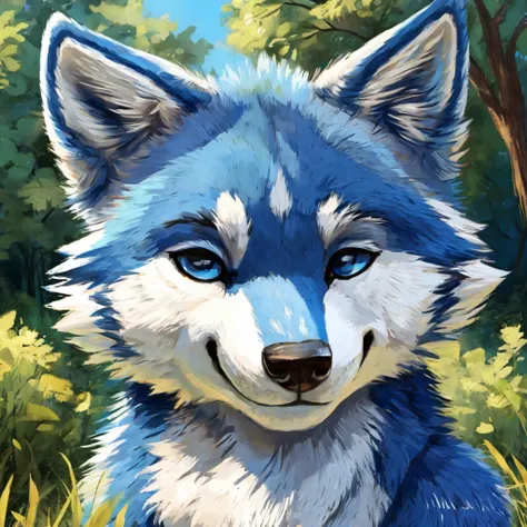 a cute and anthropomorphic blue colored fur wolf, closed smile, high quality furry art, cute nature background.