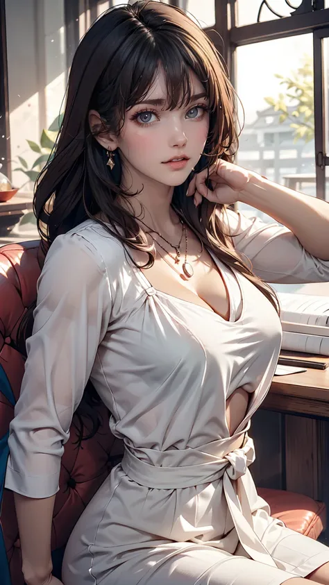 Close-up of a woman in a white blouse sitting on a chair, Gorgeous Young Korean Woman, White clothes are very transparent, My chest is visible、Sexy proportions、Narrow waist、Attach a pendant、Sexy、Long eyelashes、Put on eyeshadow、Put on lipstick