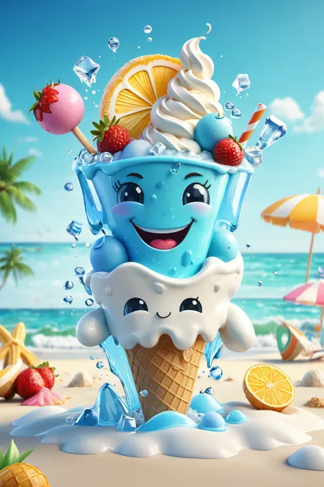 ice cream text design, cartoony, summer beach background, ice cube, Special features, Octane rendering and blender, hyper quality, clear features, Ultra HD and 8K resolution, Fresh hand drawn illustration