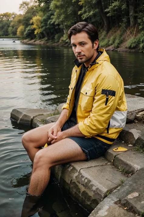 Handsome fisherman in a yellow jacket, 35 years old, sitting on the river bank
