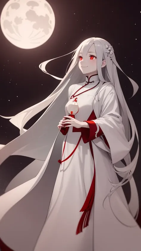 1 girl, silver hair, red eyes, white skin, smile, long hair, flying, floating in the air, white cloak, holding a lantern, Chinese lantern, night, moon, blood