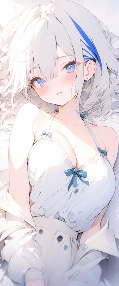 beautiful, masterpiece, Highest quality, anime, One girl, C Cup,Portrait Shot, View your viewers, Covered、Medium Hair、nearby、Blue Eyes、art、、White hair,Blue streaked hair、・Large breasts ・Lying on your back ・