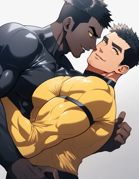 anime characters：Two superheroes in tights, Muscle superhero, negro black skin, They hugged and kissed each other, Bite your neck, Caress, Manliness, male focus, Yellow and black high collar long sleeve tight T-shirt, Slightly transparent material, High gl...