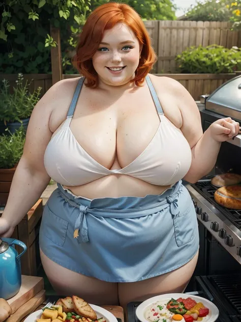 A happy photo of a young beautiful redhead bbw with short ginger hair soft fat belly, wide fat obese hips, thick fat legs and fat arms, cute pretty face, blue eyes, freckles, in underwear and cooking apron, cooking in a grill in a garden