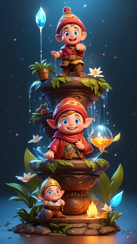  3d animation,motion, personality: Johnny, a mischievous gnome with a twinkle in his eye, pouring a small vial of glowing liquid into the fountain as Lily watches in awe. unreal engine, hyper real --q 2 --v 5.2 --ar