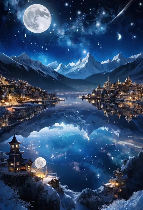  Night view，Wide sea，The city lights are bright in the distance，Reflection，moon，Snow-capped mountains in the distance，galaxy, Star，Sea of Clouds, Beautiful scenery,Ultra-high quality，masterpiece