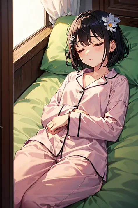 Black Hair、Iris、short hair、girl、cute、16 years old、、Small hair ornament、pajamas、Lying down、Sleeping、sleeping face、1 person