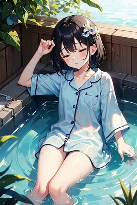 Black Hair、Iris、short hair、girl、cute、16 years old、、Small hair ornament、pajamas、Lying down、Sleeping、sleeping face、1 person、soaked、Soaking wet