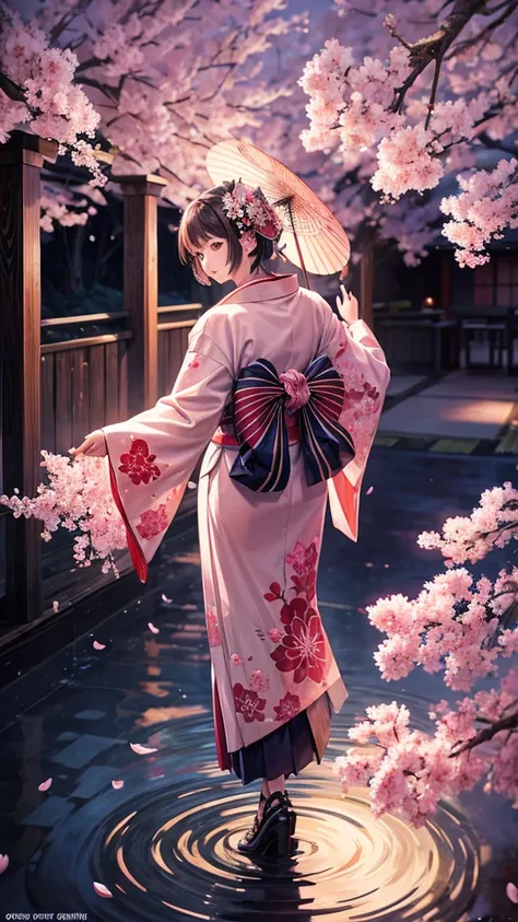 Twelve-layered kimono　Apparition　cherry blossoms　Best Quality, Masterpiece, Ultra High Resolution, (Realisticity: 1.4), Original Photo, Cinematic Lighting