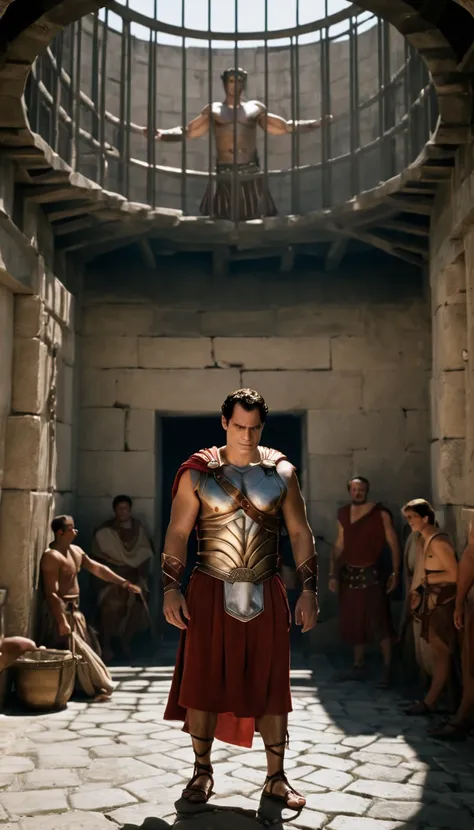 arafed man in a roman costume standing in a prison, in screenshot from the 300 movie, the the man is wrapped in chains, henry ca...