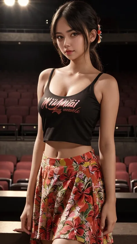 Masterpiece, teenage girl, bare shoulders, bare breasts, flirty style T-shirt, Hawaiian print A-line skirt, looking at the viewer, theater background, exquisite clothing details, high detail, perfect lighting. , cinematic lighting.