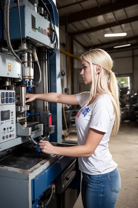 1 American white girl, blonde hair, A female worker operates an old hydraulic injection molding machine to derive molding conditions. cowboy shot,